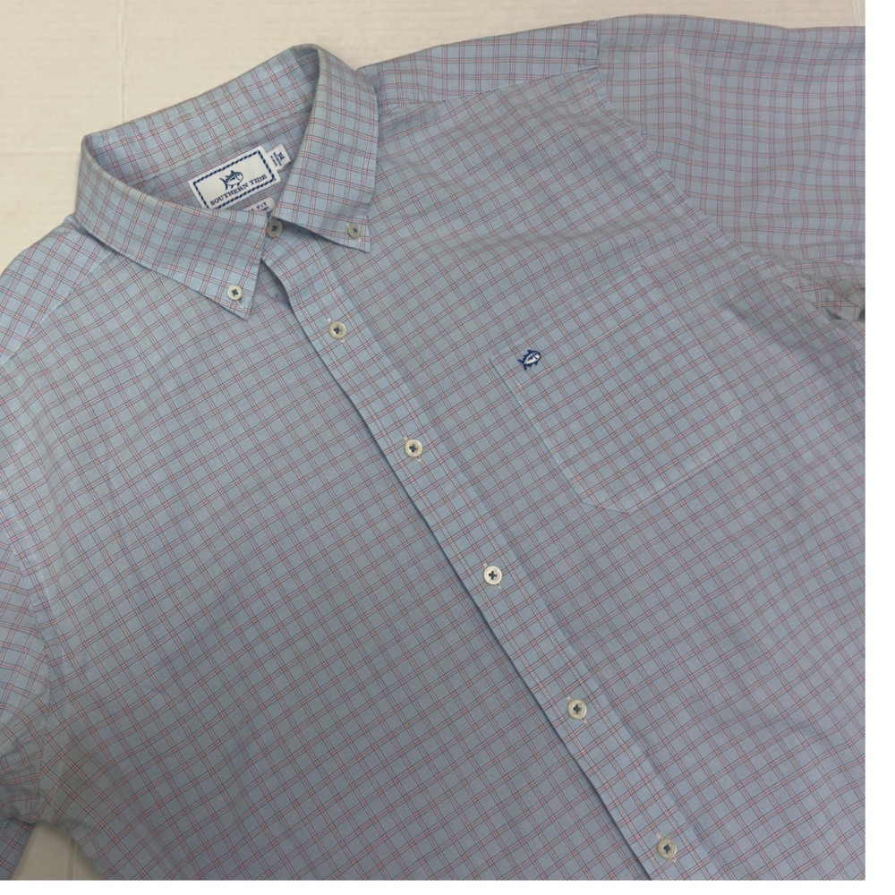 Southern Tide Button Down Shirt Mens XL Blue Plaid Fair Trim Fit Stretch Logo